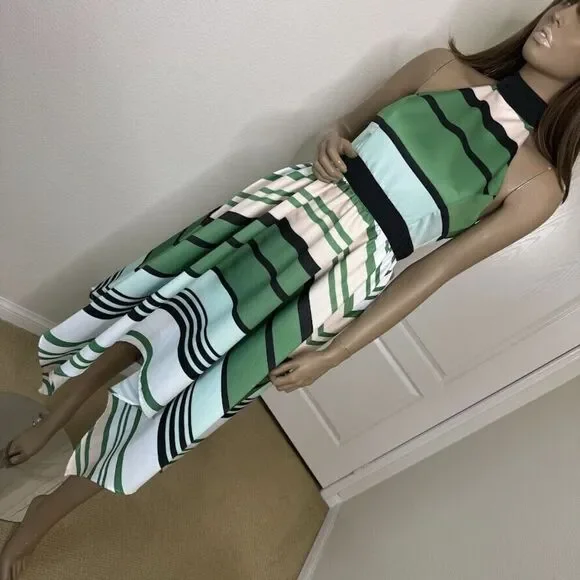 Anthropologie Troubadour Dress Sz 2 Green Stripe Candymint Halter Asymmetric Mid - Picture 4 of 11